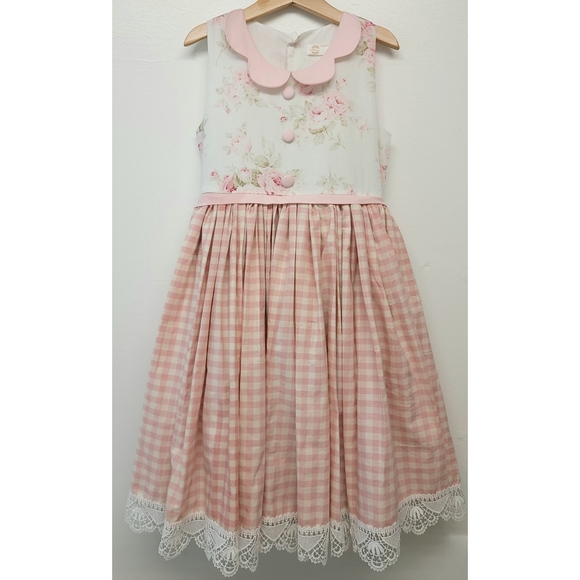 Dollcake Dress Maddy Pink White Plaid Roses Floral Full Skirt Girls 10 NWT - Picture 7 of 12